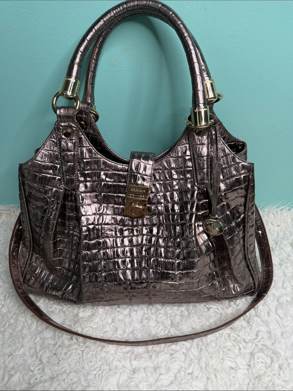 Brahmin Celia Metallic Croc-Embossed Shoulder Bag in Bronze